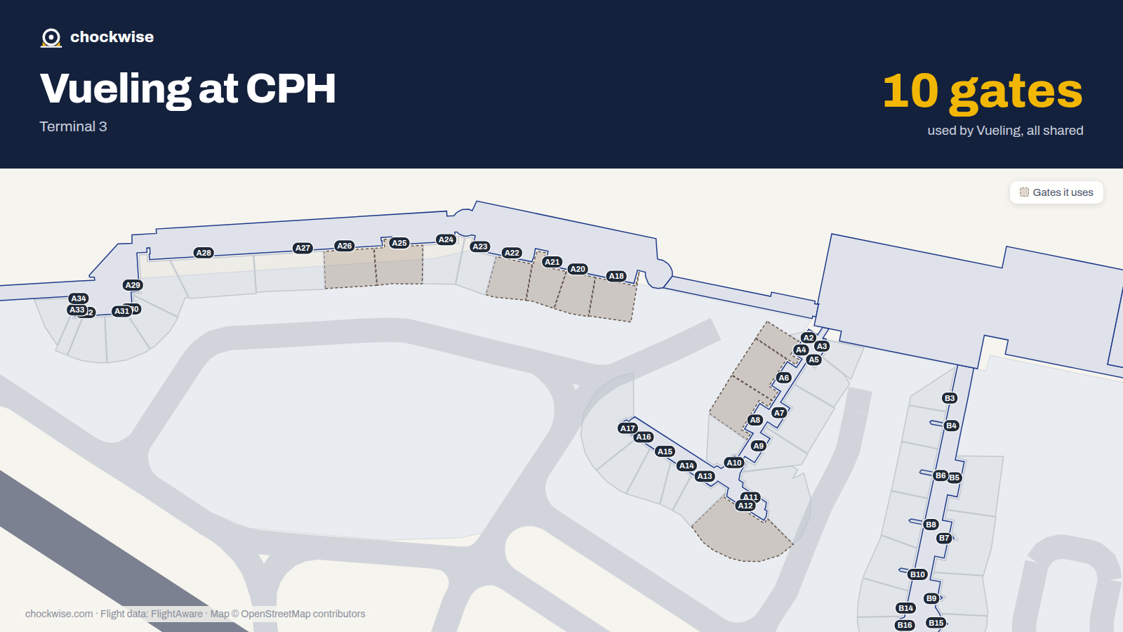 Map of CPH with the gates Vueling uses highlighted: A4, A6, A8, A12, A18, A20, A21, A22 and 2 more.