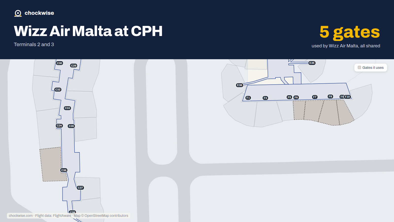 Map of CPH with the gates Wizz Air Malta uses highlighted: F6, F7, F8, F9 and C36.