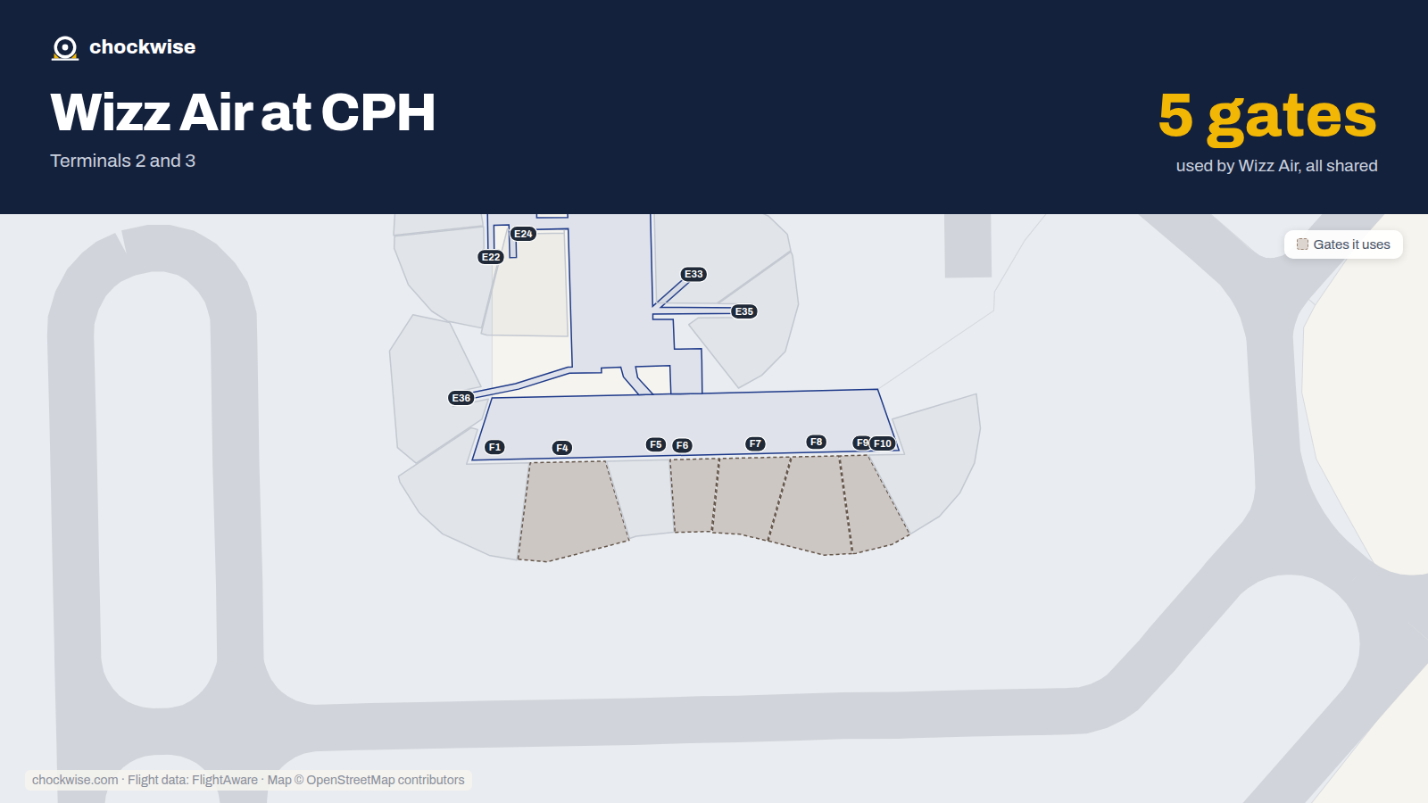 Map of CPH with the gates Wizz Air uses highlighted: F4, F6, F7, F8 and F9.