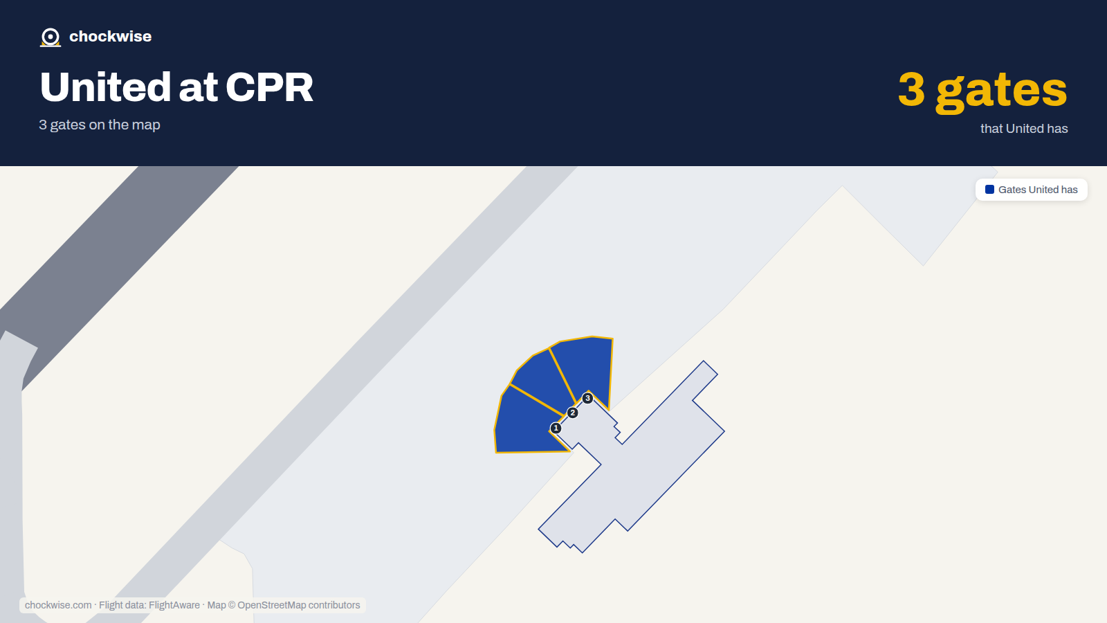 Map of CPR with the gates United Airlines uses highlighted: 1, 2 and 3.
