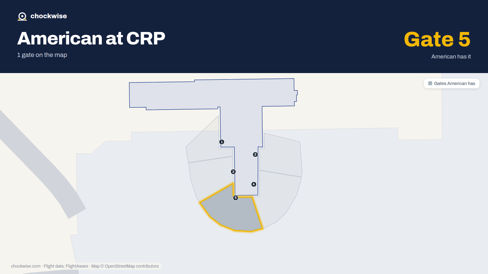 Map of CRP with the gates American Airlines uses highlighted: 5.