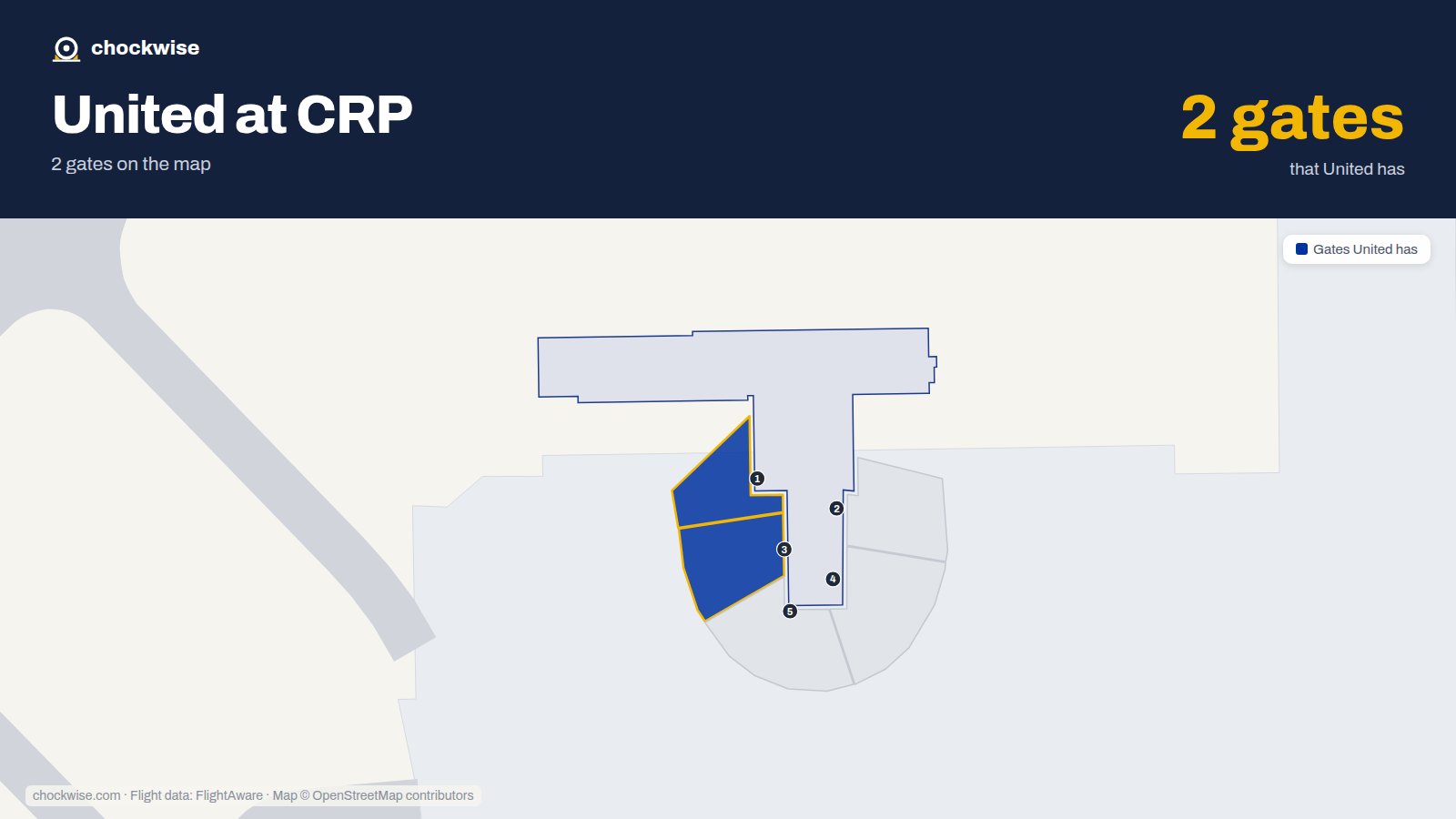 Map of CRP with the gates United Airlines uses highlighted: 1 and 3.