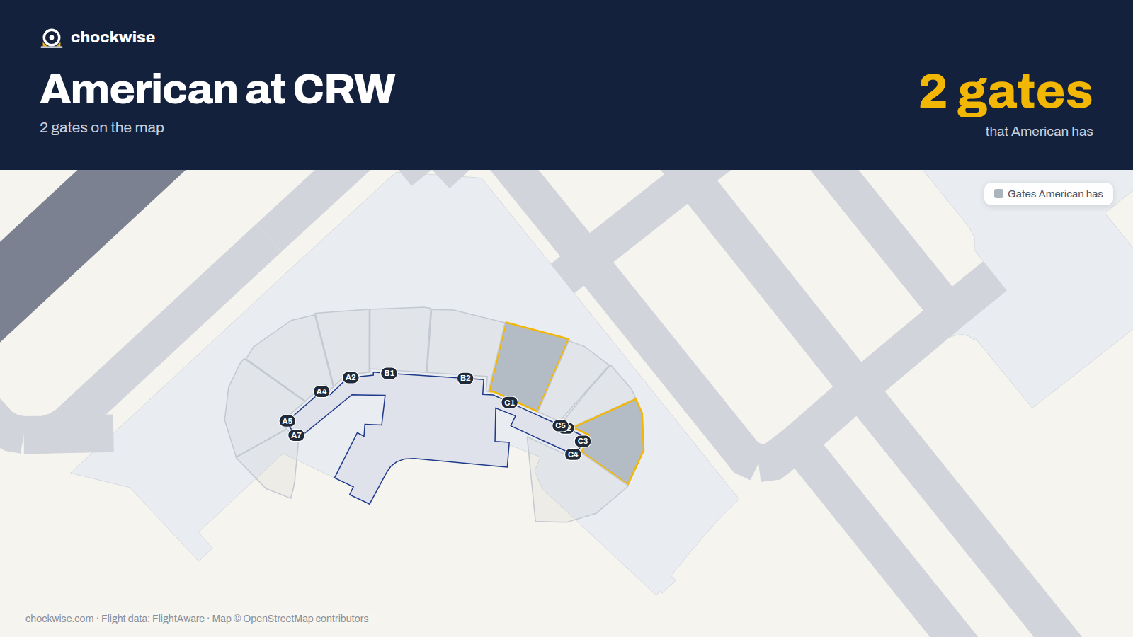 Map of CRW with the gates American Airlines uses highlighted: C1 and C3.