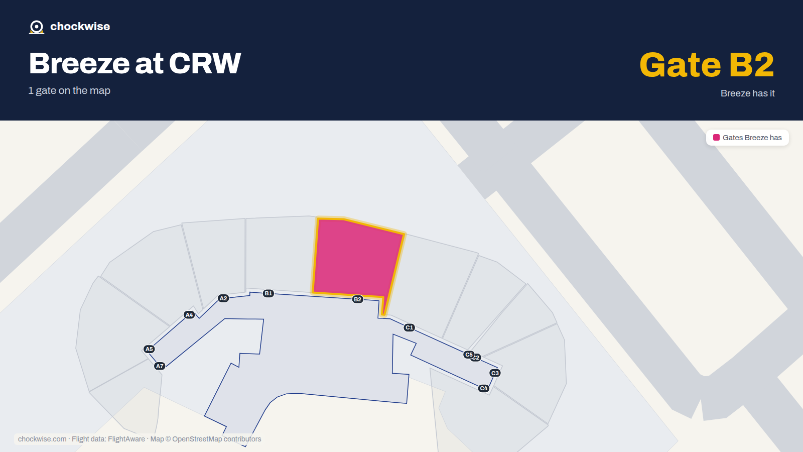 Map of CRW with the gates Breeze Airways uses highlighted: B2.