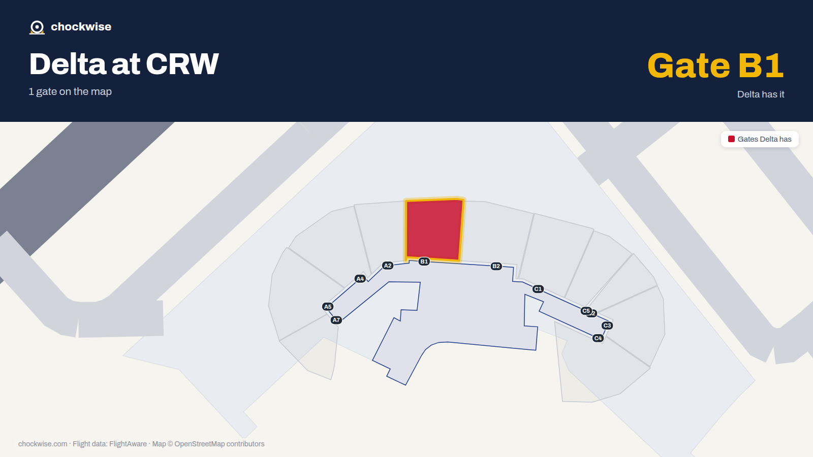 Map of CRW with the gates Delta Air Lines uses highlighted: B1.