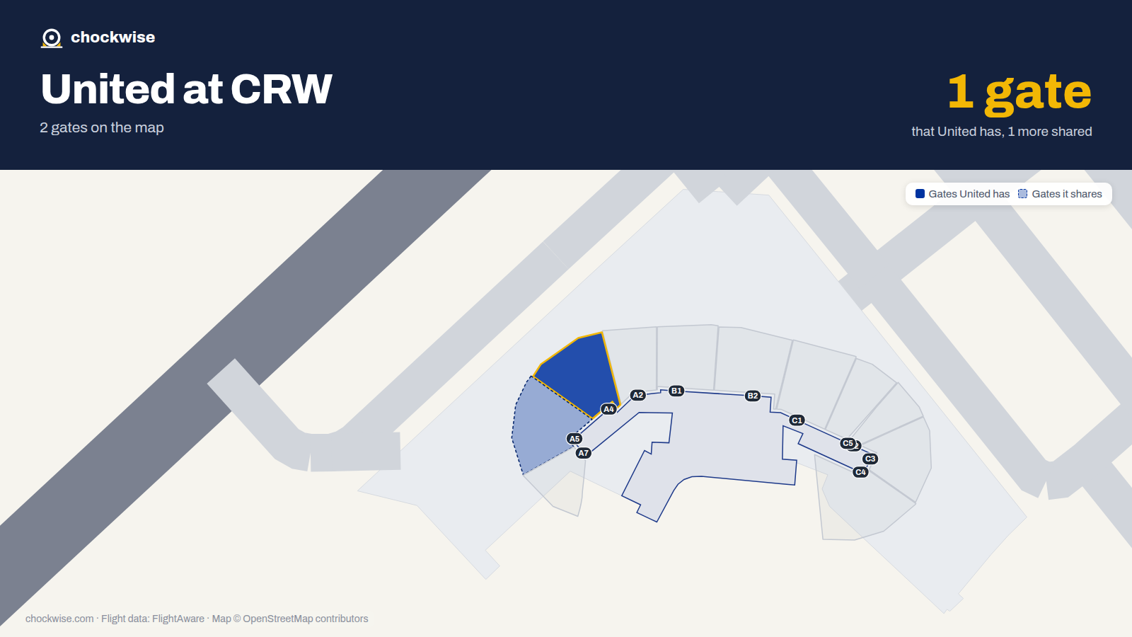 Map of CRW with the gates United Airlines uses highlighted: A4.