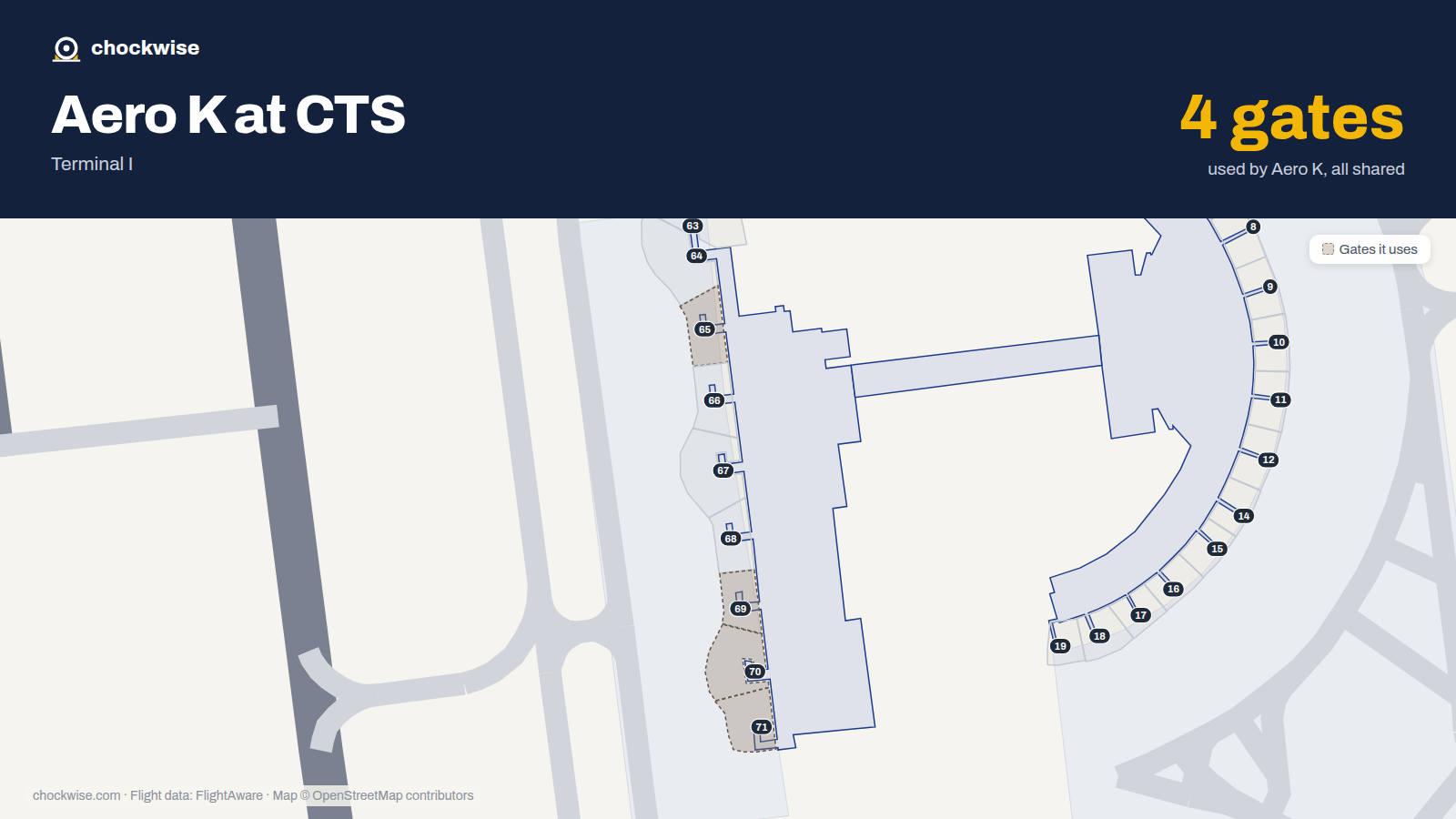 Map of CTS with the gates Aero K uses highlighted: 65, 69, 70 and 71.