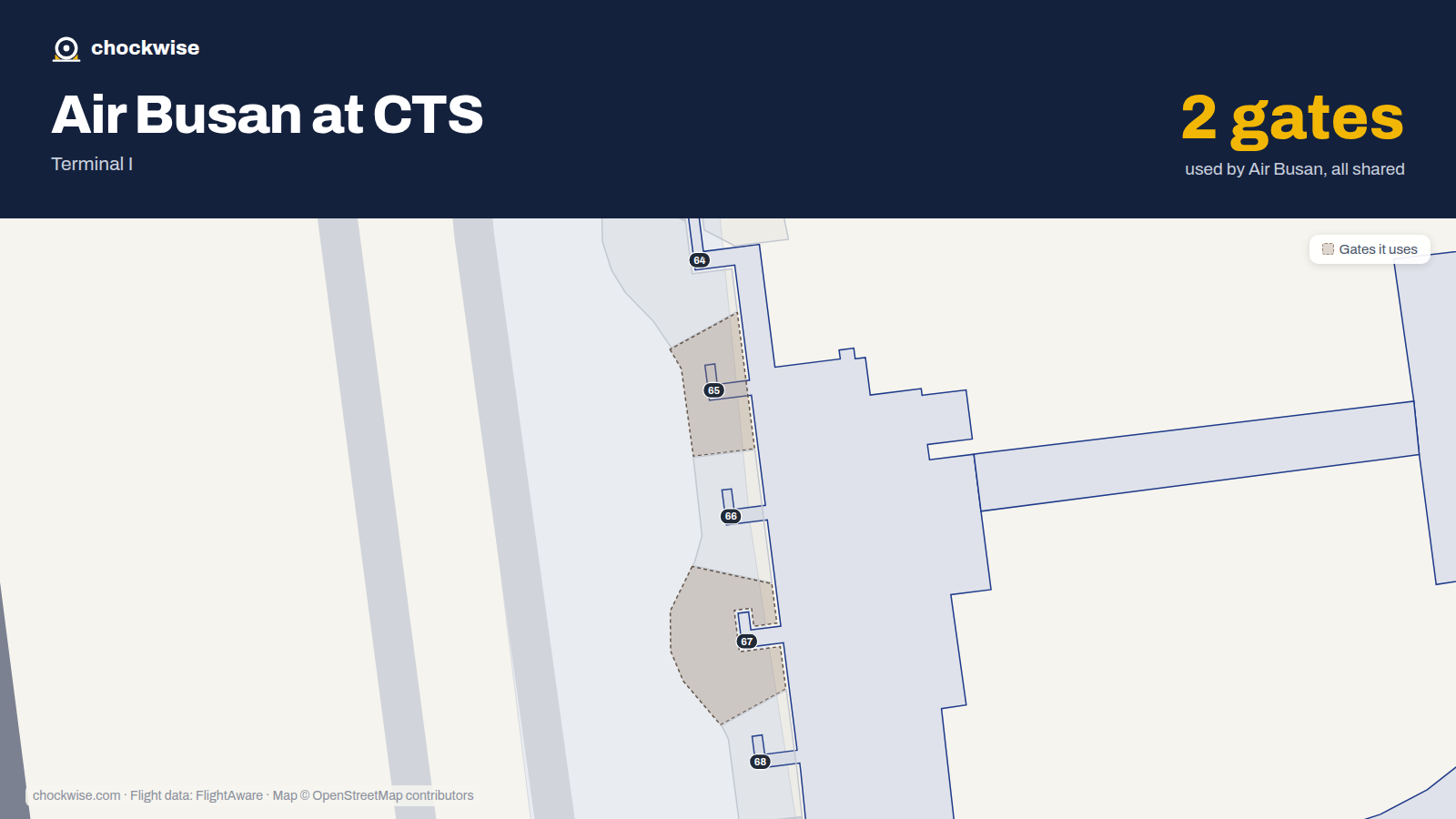 Map of CTS with the gates Air Busan uses highlighted: 65 and 67.