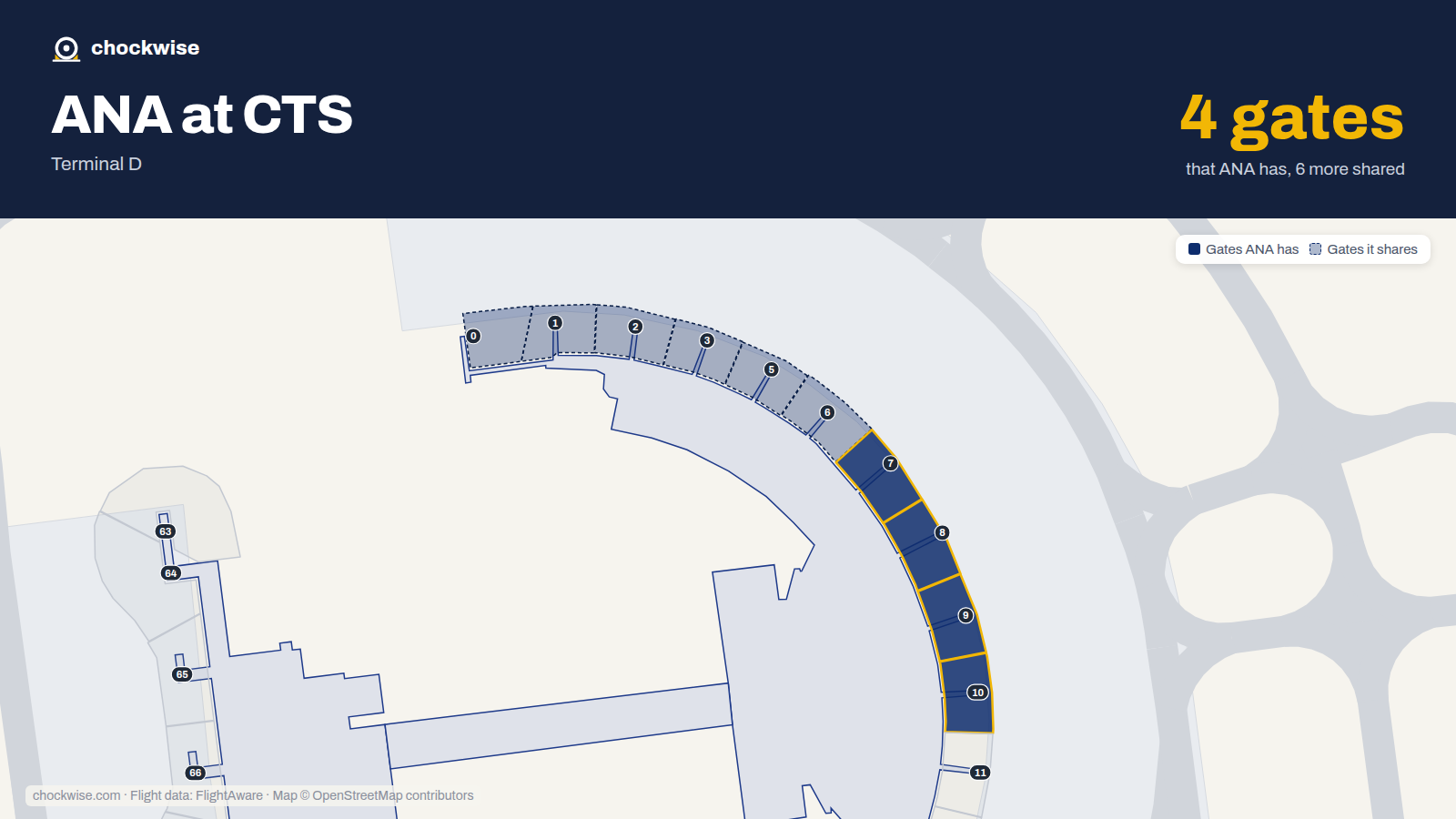 Map of CTS with the gates All Nippon Airways (ANA) uses highlighted: 7, 8, 9 and 10.