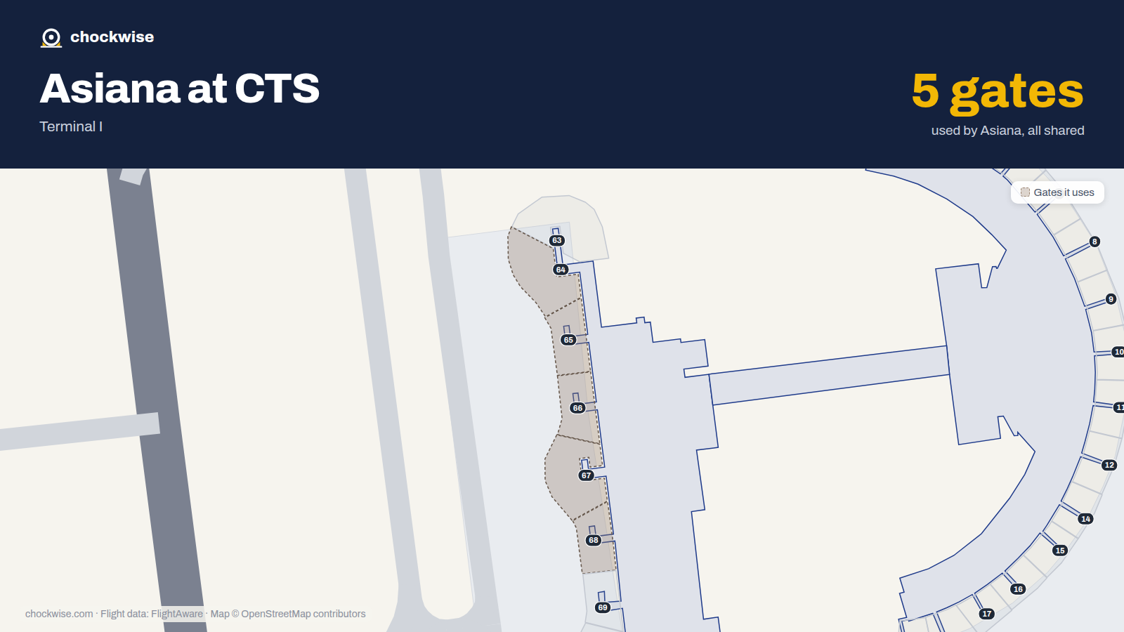 Map of CTS with the gates Asiana Airlines uses highlighted: 64, 65, 66, 67 and 68.