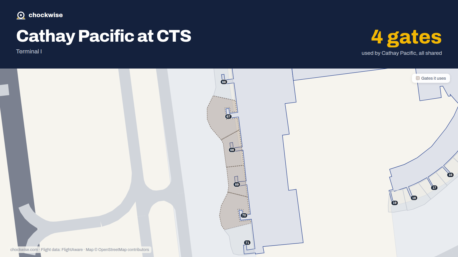 Map of CTS with the gates Cathay Pacific uses highlighted: 67, 68, 69 and 70.
