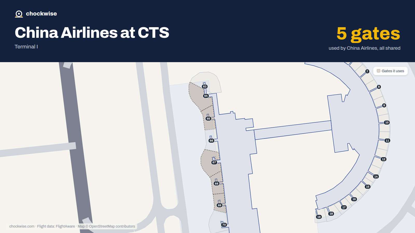 Map of CTS with the gates China Airlines uses highlighted: 64, 65, 67, 68 and 69.