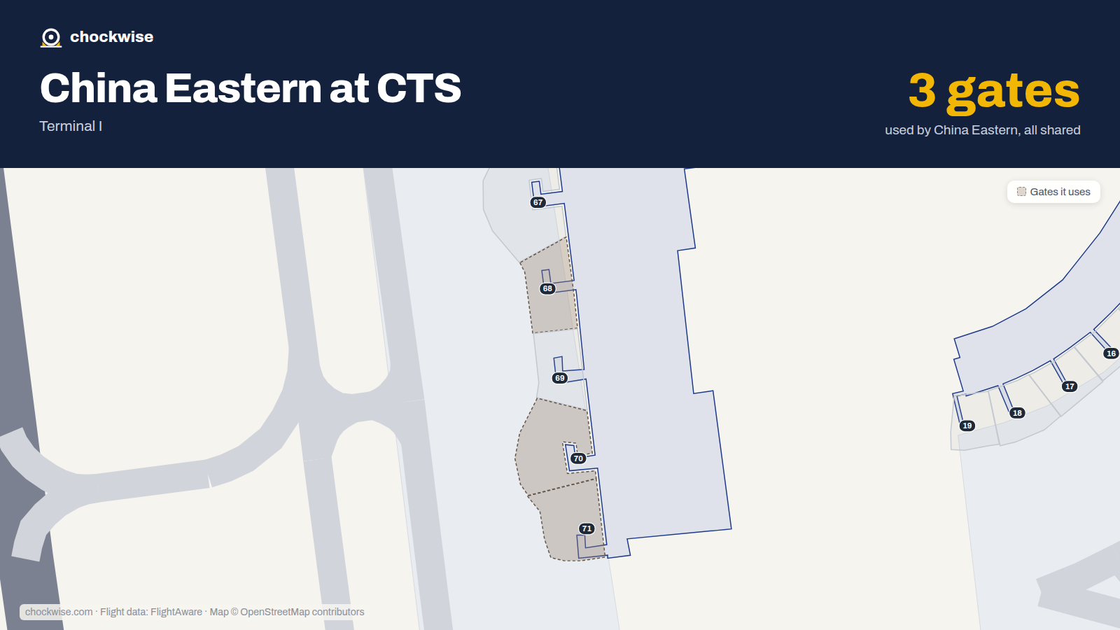 Map of CTS with the gates China Eastern uses highlighted: 68, 70 and 71.