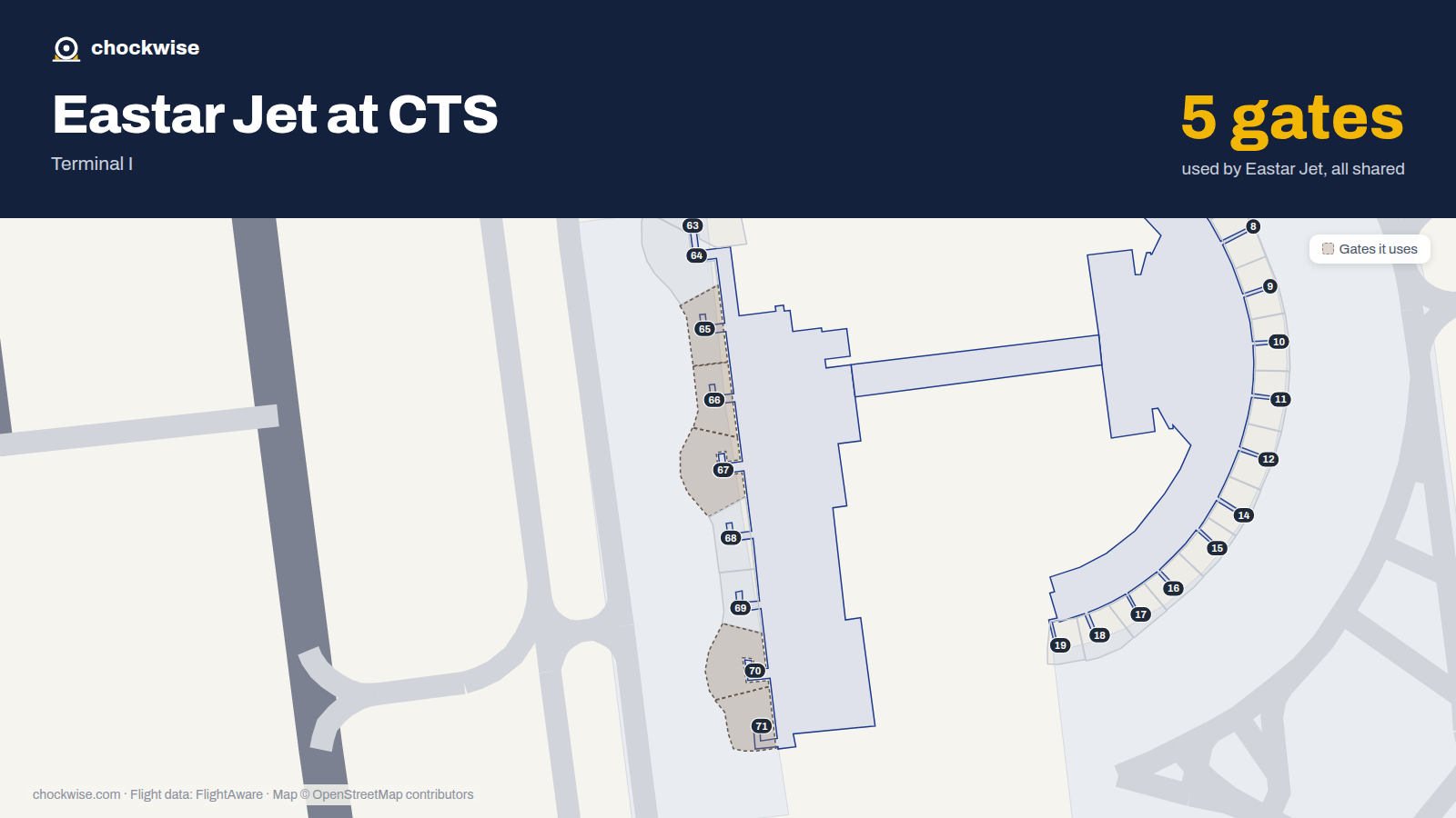 Map of CTS with the gates Eastar Jet uses highlighted: 65, 66, 67, 70 and 71.
