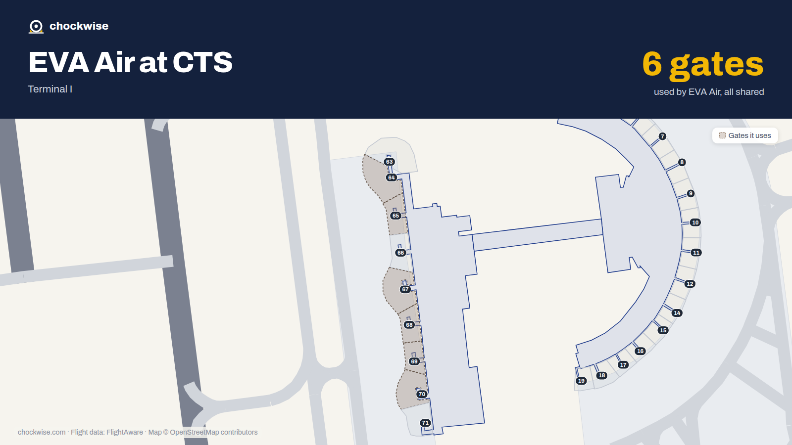Map of CTS with the gates EVA Air uses highlighted: 64, 65, 67, 68, 69 and 70.