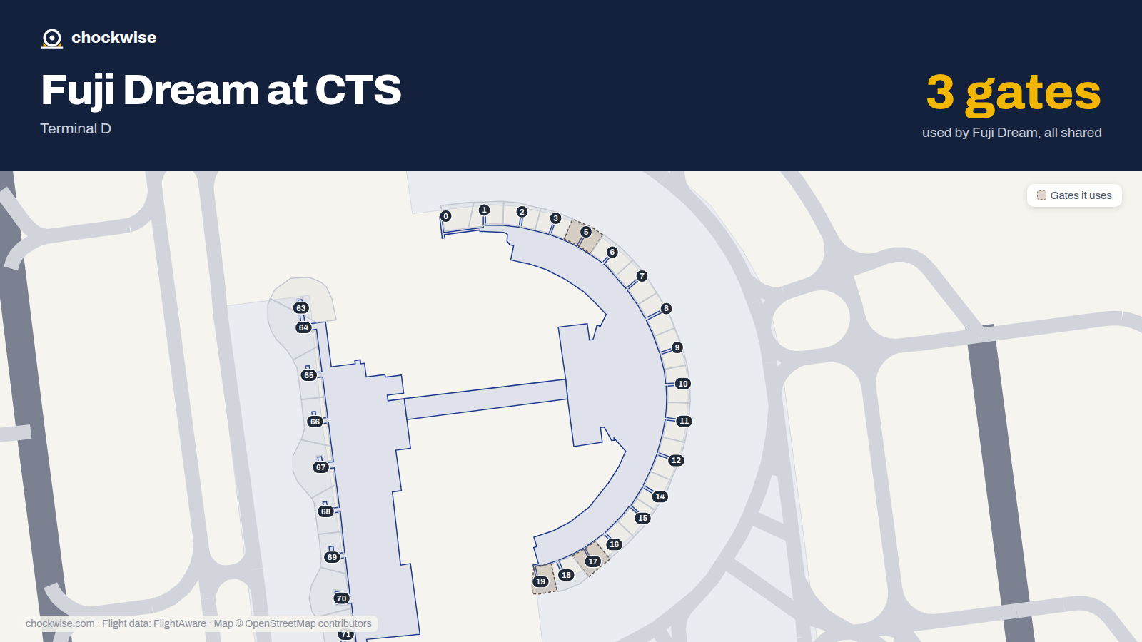 Map of CTS with the gates Fuji Dream Airlines uses highlighted: 5, 17 and 19.