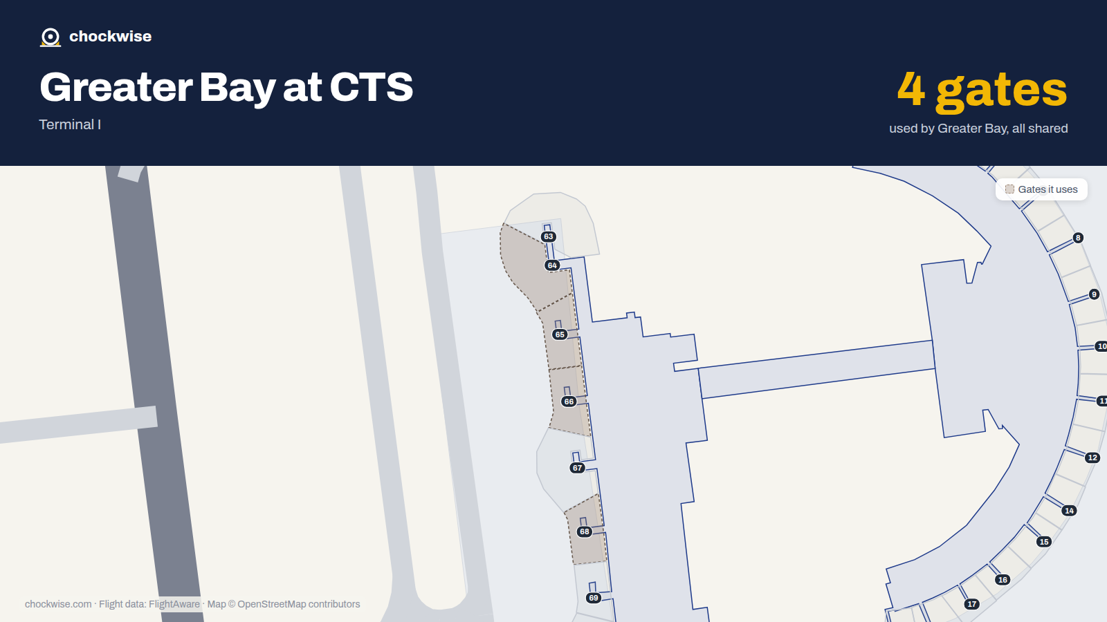 Map of CTS with the gates Greater Bay Airlines uses highlighted: 64, 65, 66 and 68.