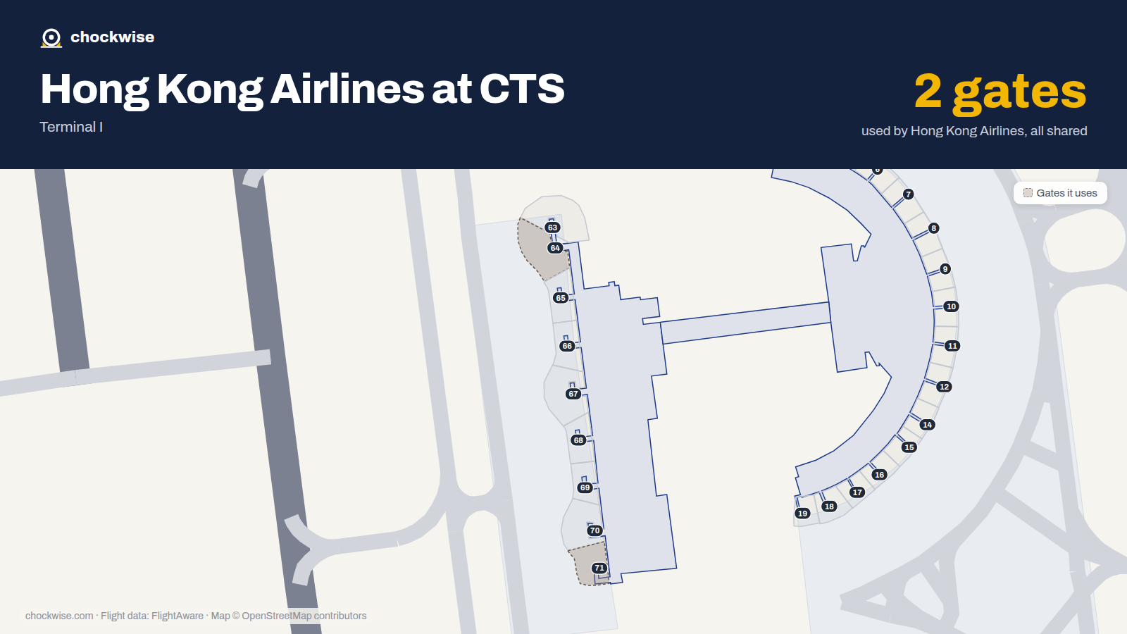 Map of CTS with the gates Hong Kong Airlines uses highlighted: 64 and 71.