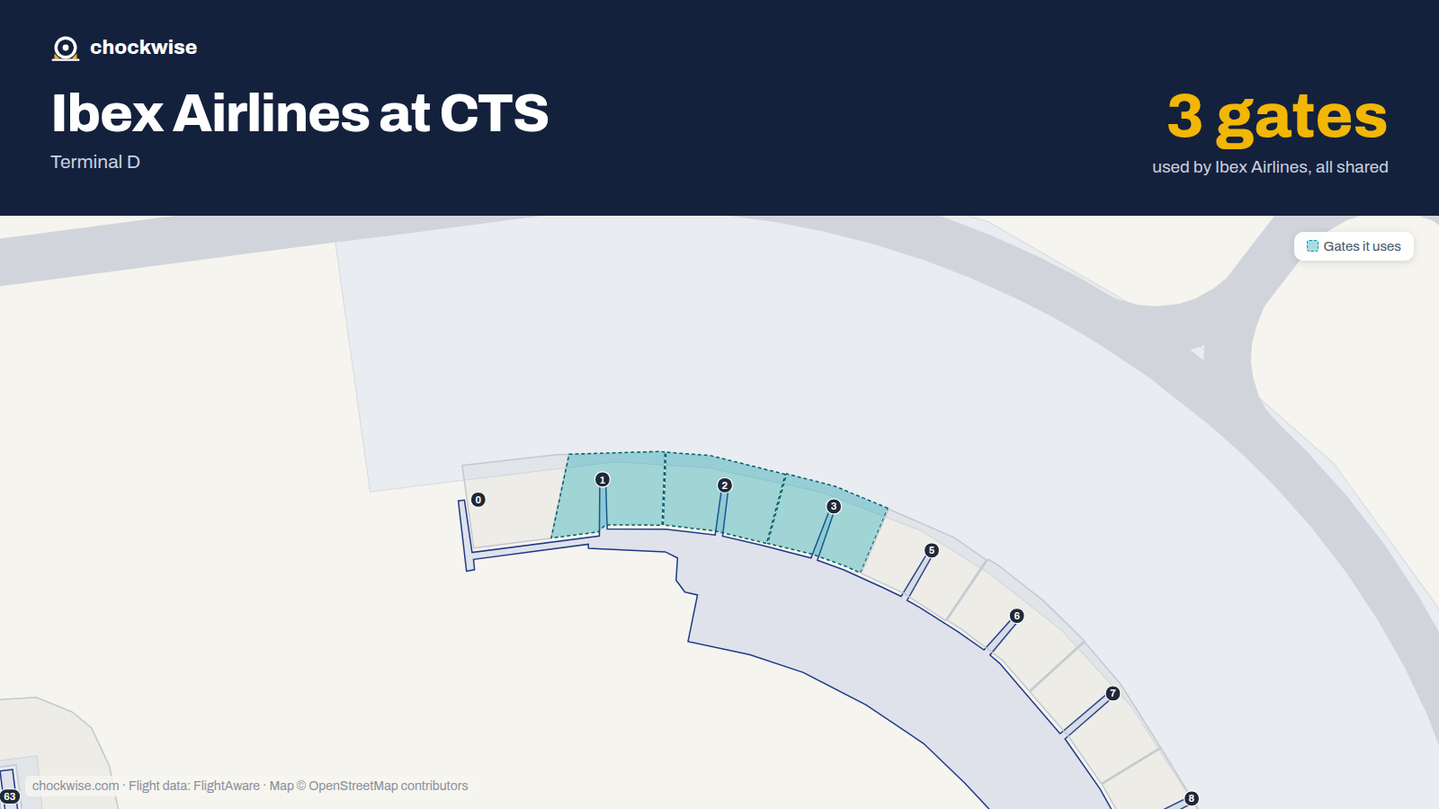 Map of CTS with the gates Ibex Airlines uses highlighted: 1, 2 and 3.