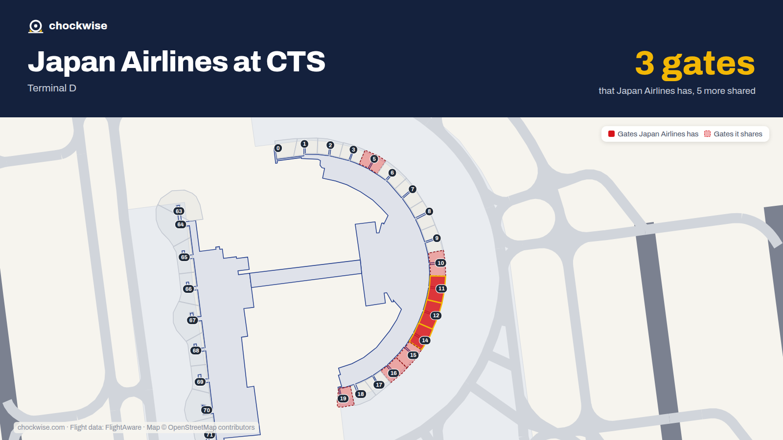 Map of CTS with the gates Japan Airlines uses highlighted: 11, 12 and 14.