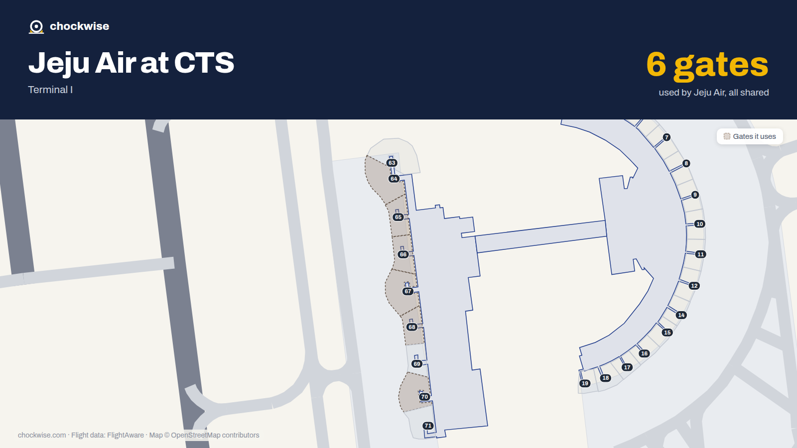 Map of CTS with the gates Jeju Air uses highlighted: 64, 65, 66, 67, 68 and 70.