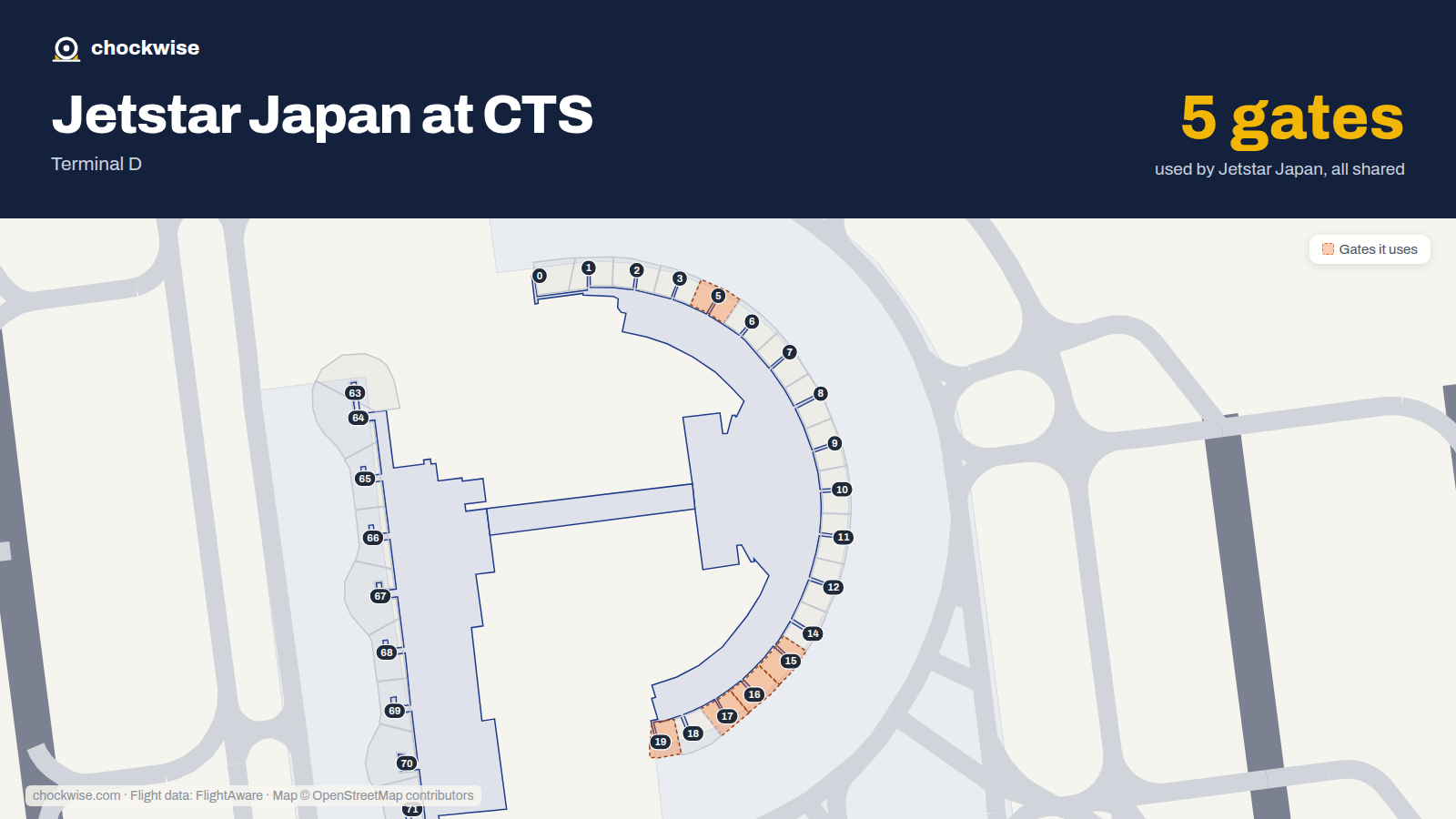 Map of CTS with the gates Jetstar Japan uses highlighted: 5, 15, 16, 17 and 19.
