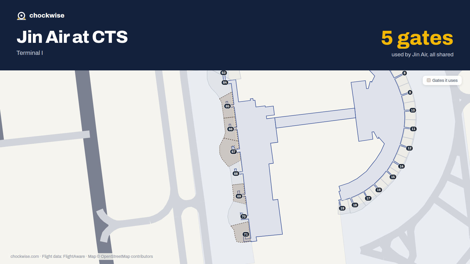 Map of CTS with the gates Jin Air uses highlighted: 65, 66, 67, 69 and 71.
