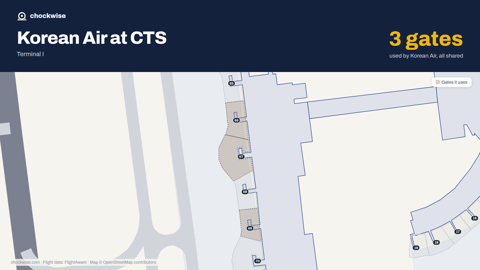 Map of CTS with the gates Korean Air uses highlighted: 66, 67 and 69.