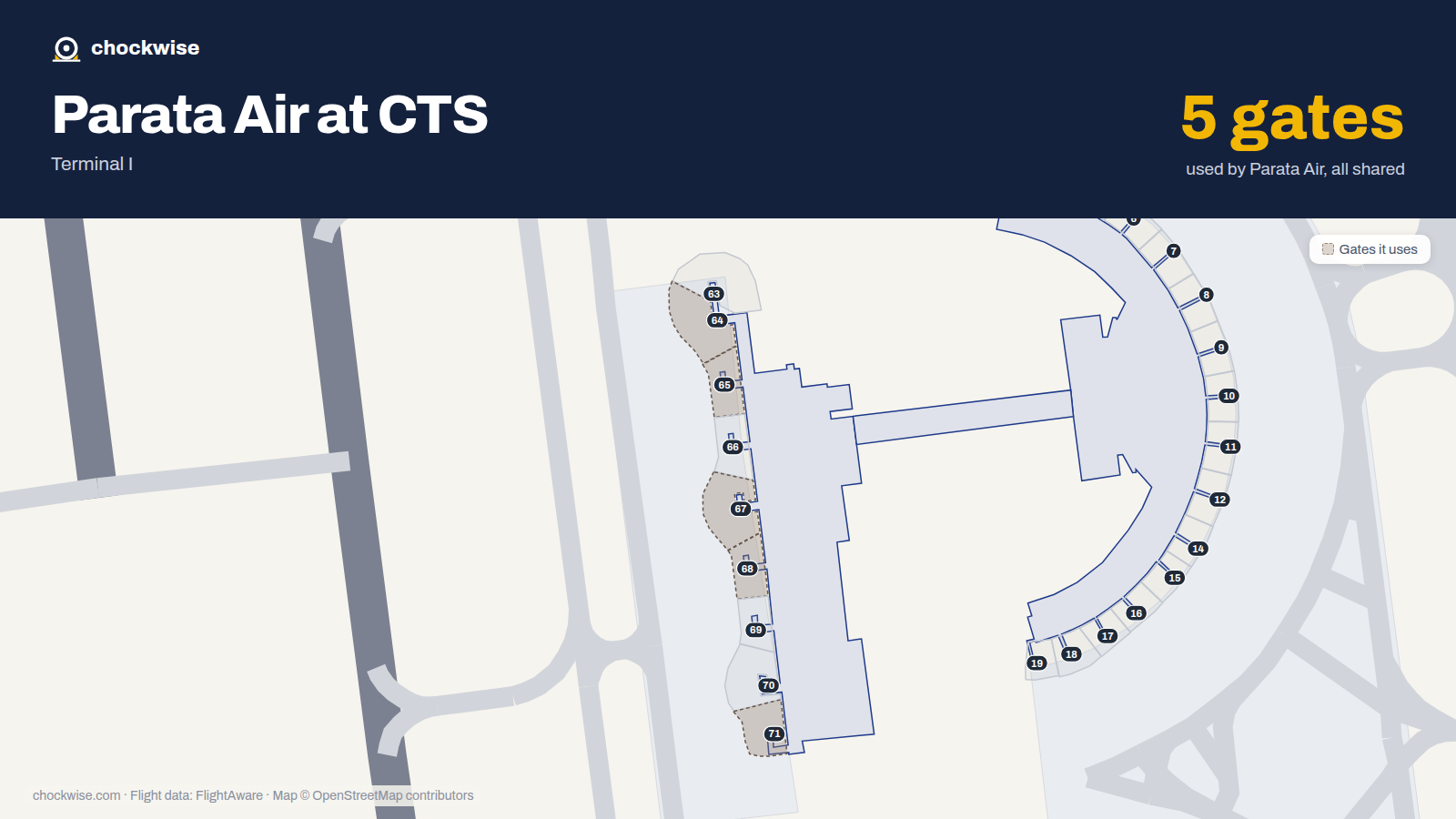 Map of CTS with the gates Parata Air uses highlighted: 64, 65, 67, 68 and 71.