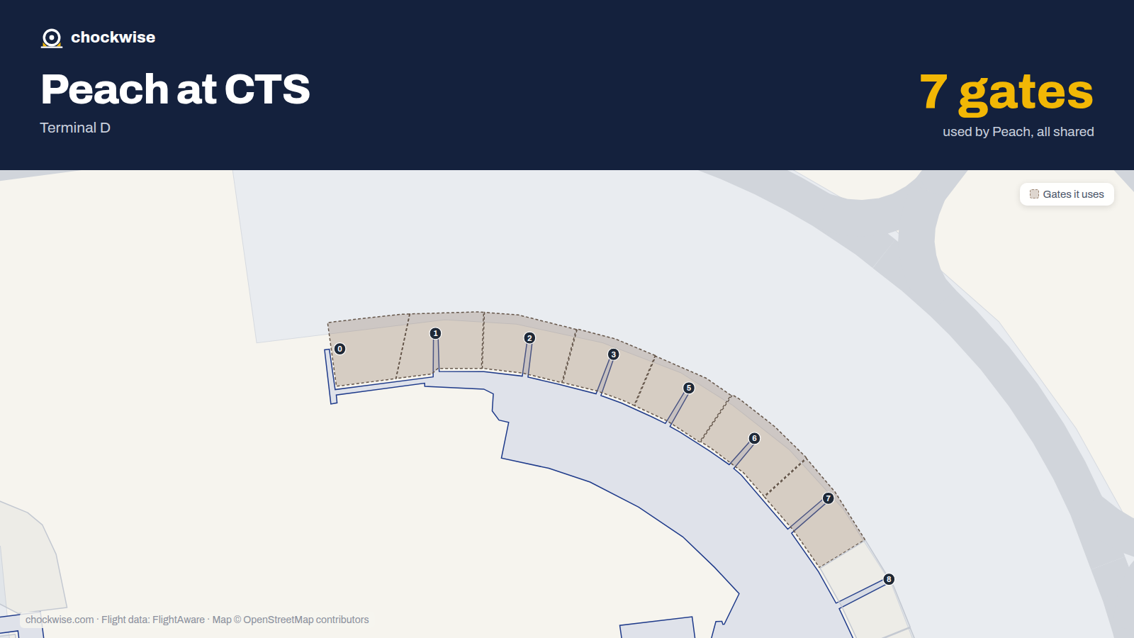 Map of CTS with the gates Peach Aviation uses highlighted: 0, 1, 2, 3, 5, 6 and 7.