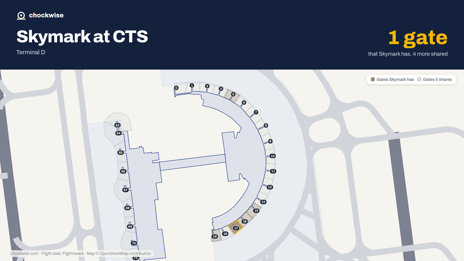 Map of CTS with the gates Skymark Airlines uses highlighted: 17.