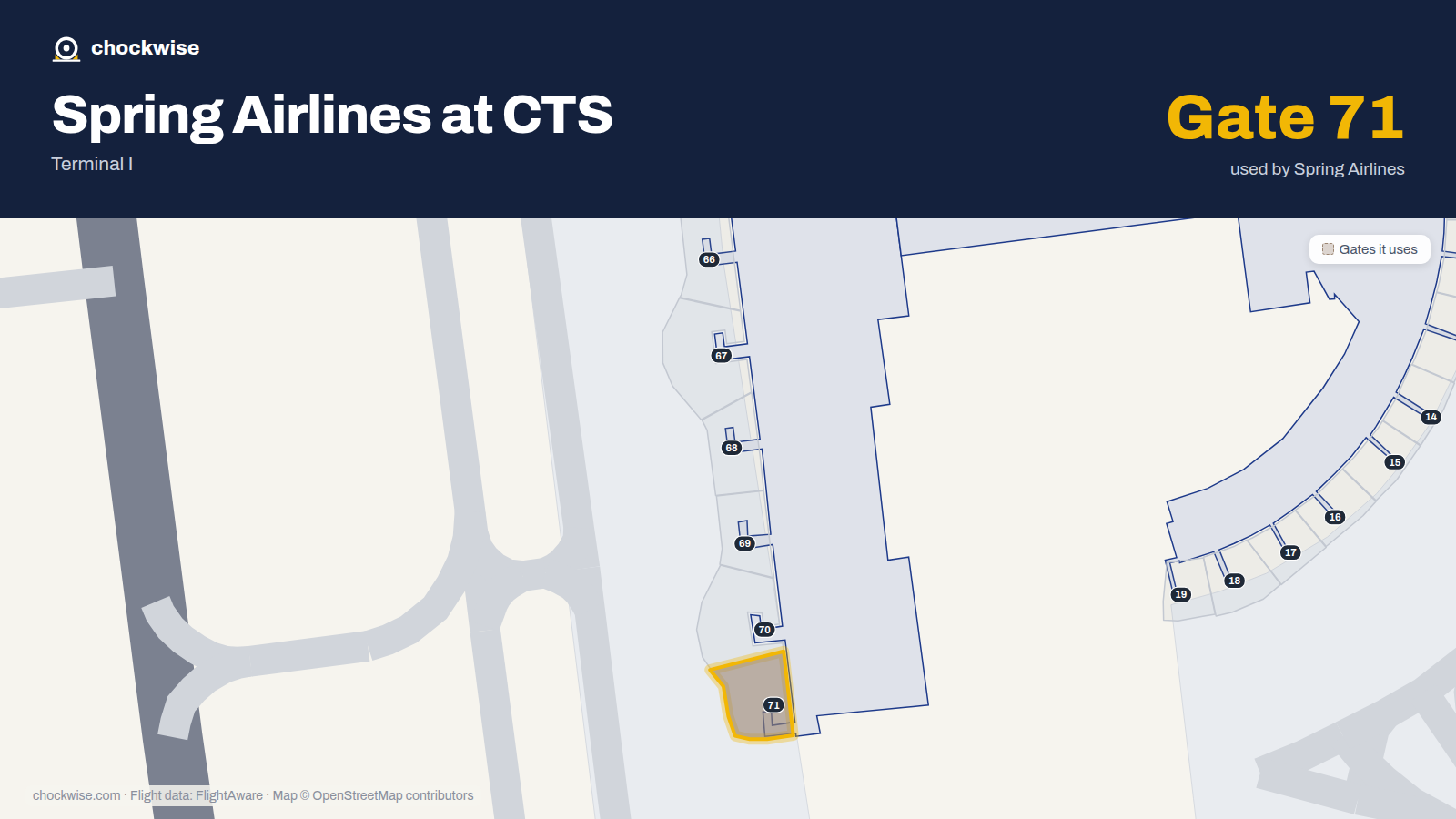 Map of CTS with the gates Spring Airlines uses highlighted: 71.