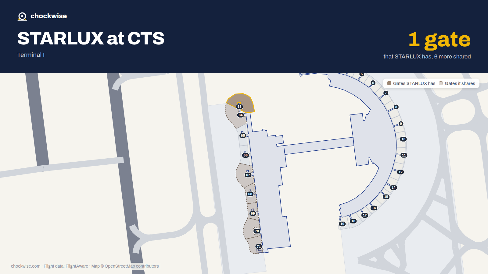 Map of CTS with the gates STARLUX Airlines uses highlighted: 63.