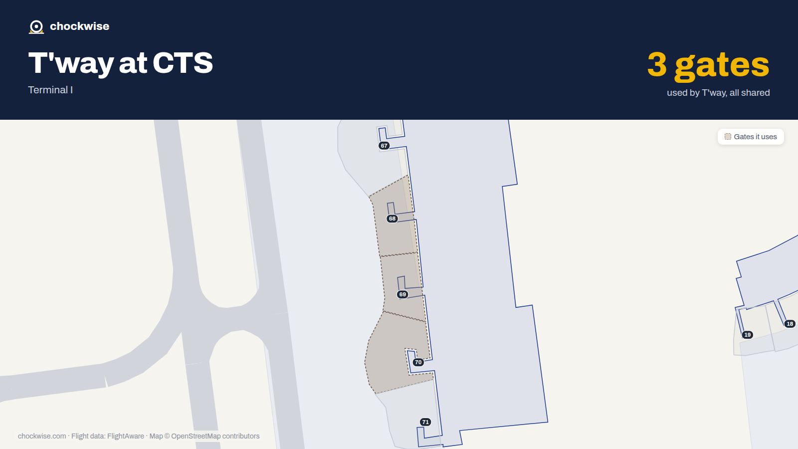 Map of CTS with the gates T'way Air uses highlighted: 68, 69 and 70.
