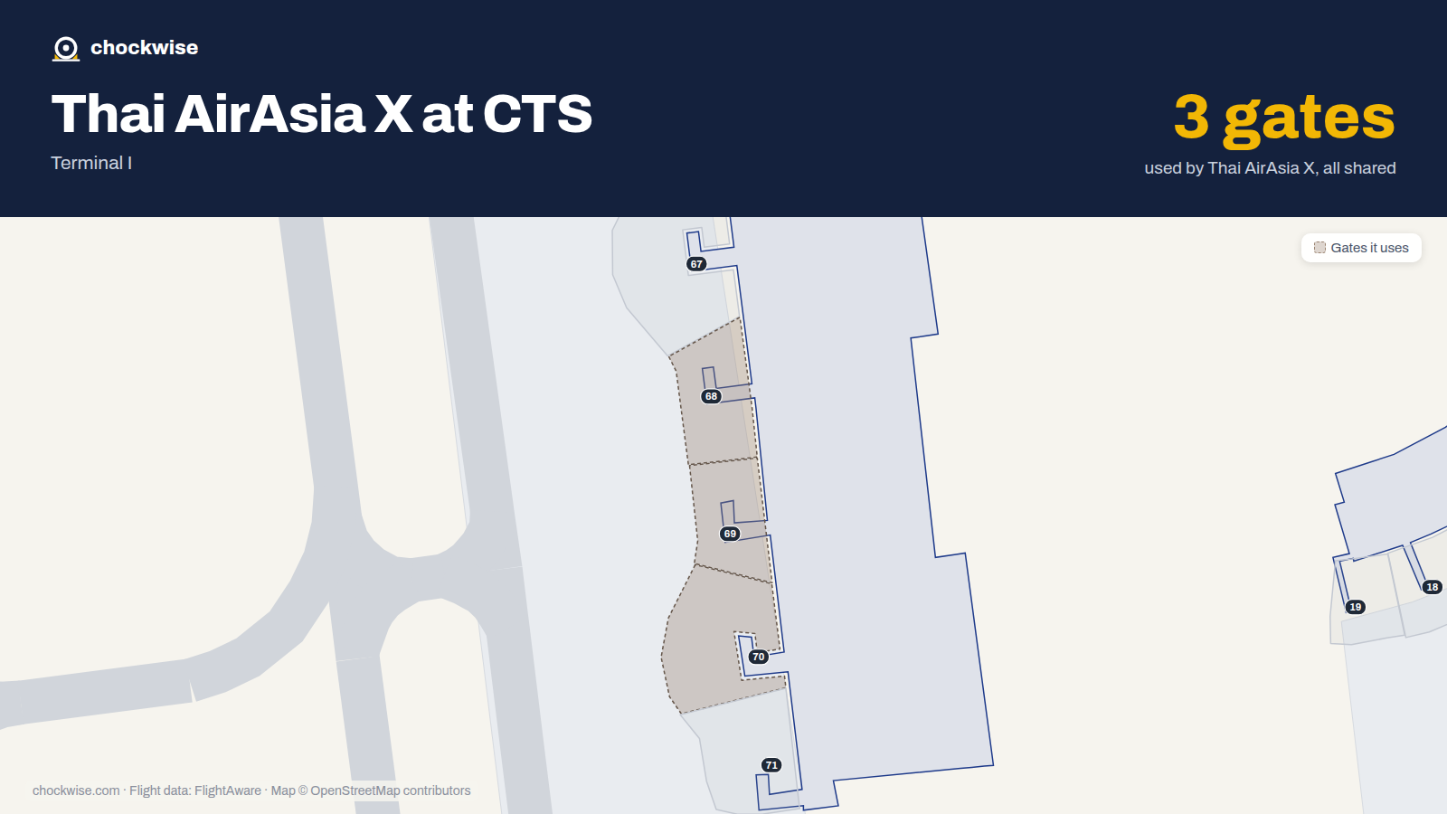 Map of CTS with the gates Thai AirAsia X uses highlighted: 68, 69 and 70.