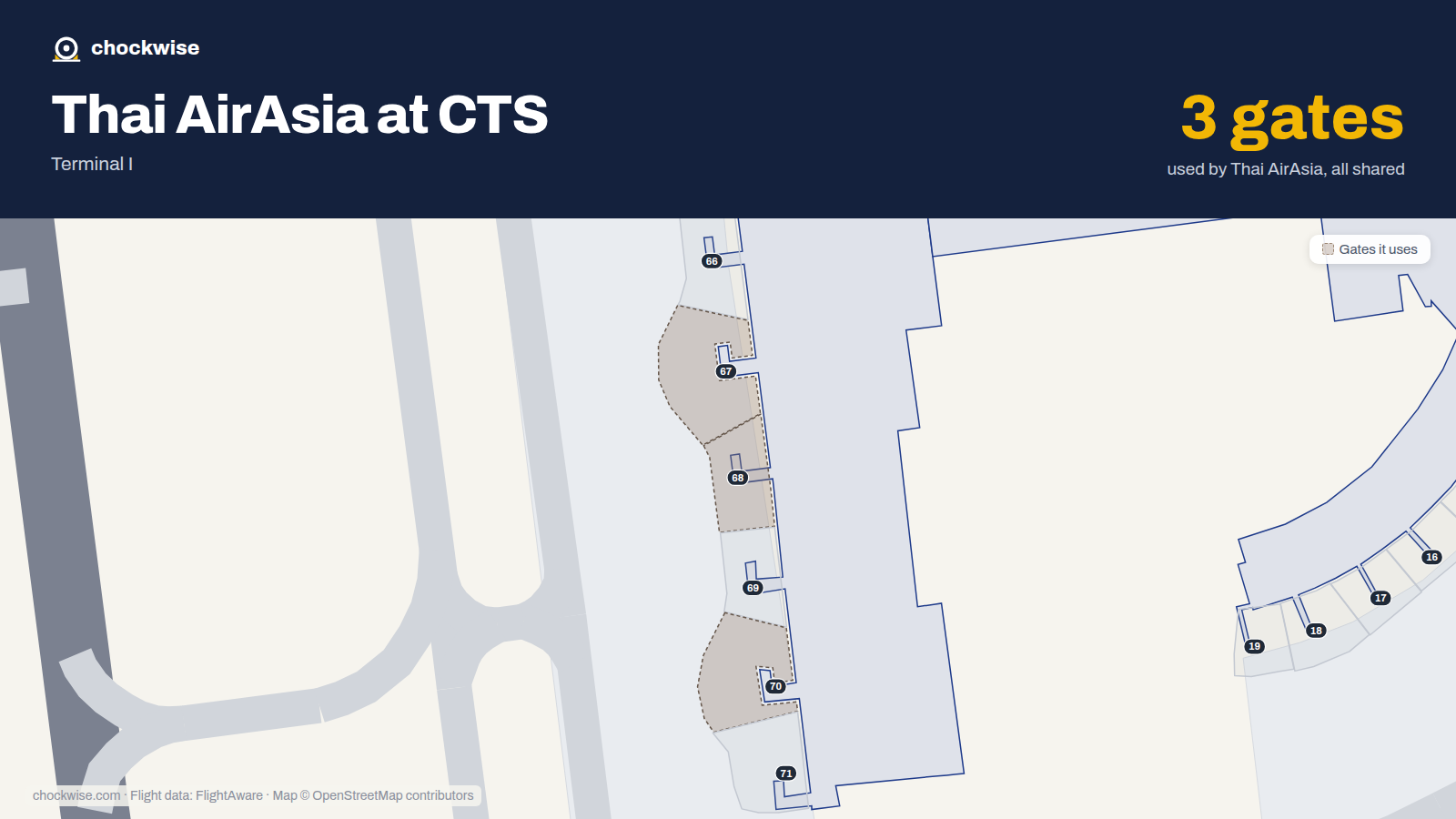 Map of CTS with the gates Thai AirAsia uses highlighted: 67, 68 and 70.