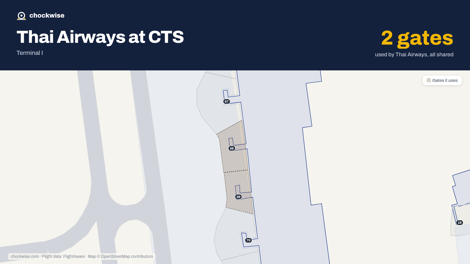 Map of CTS with the gates Thai Airways uses highlighted: 68 and 69.