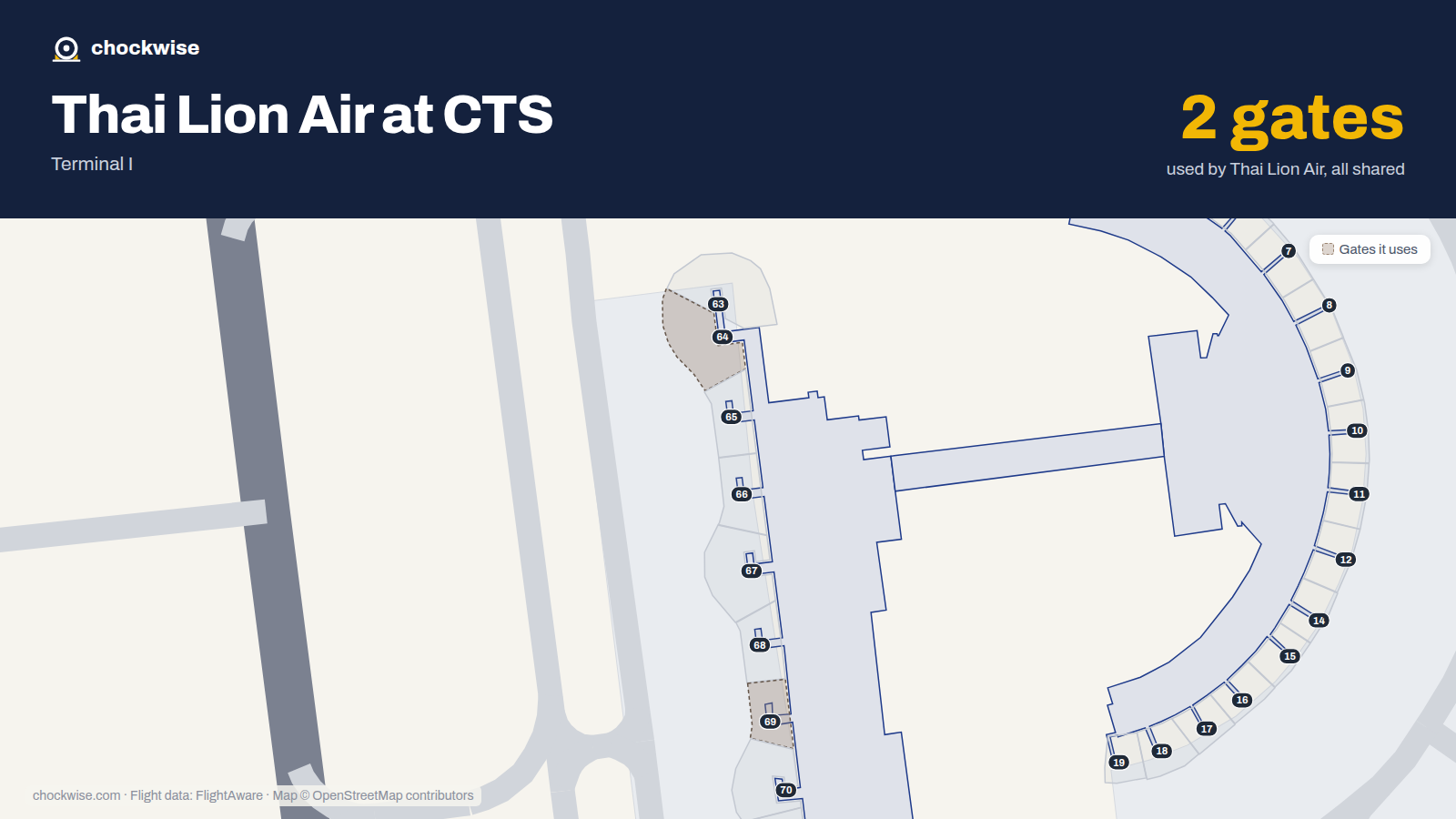 Map of CTS with the gates Thai Lion Air uses highlighted: 64 and 69.
