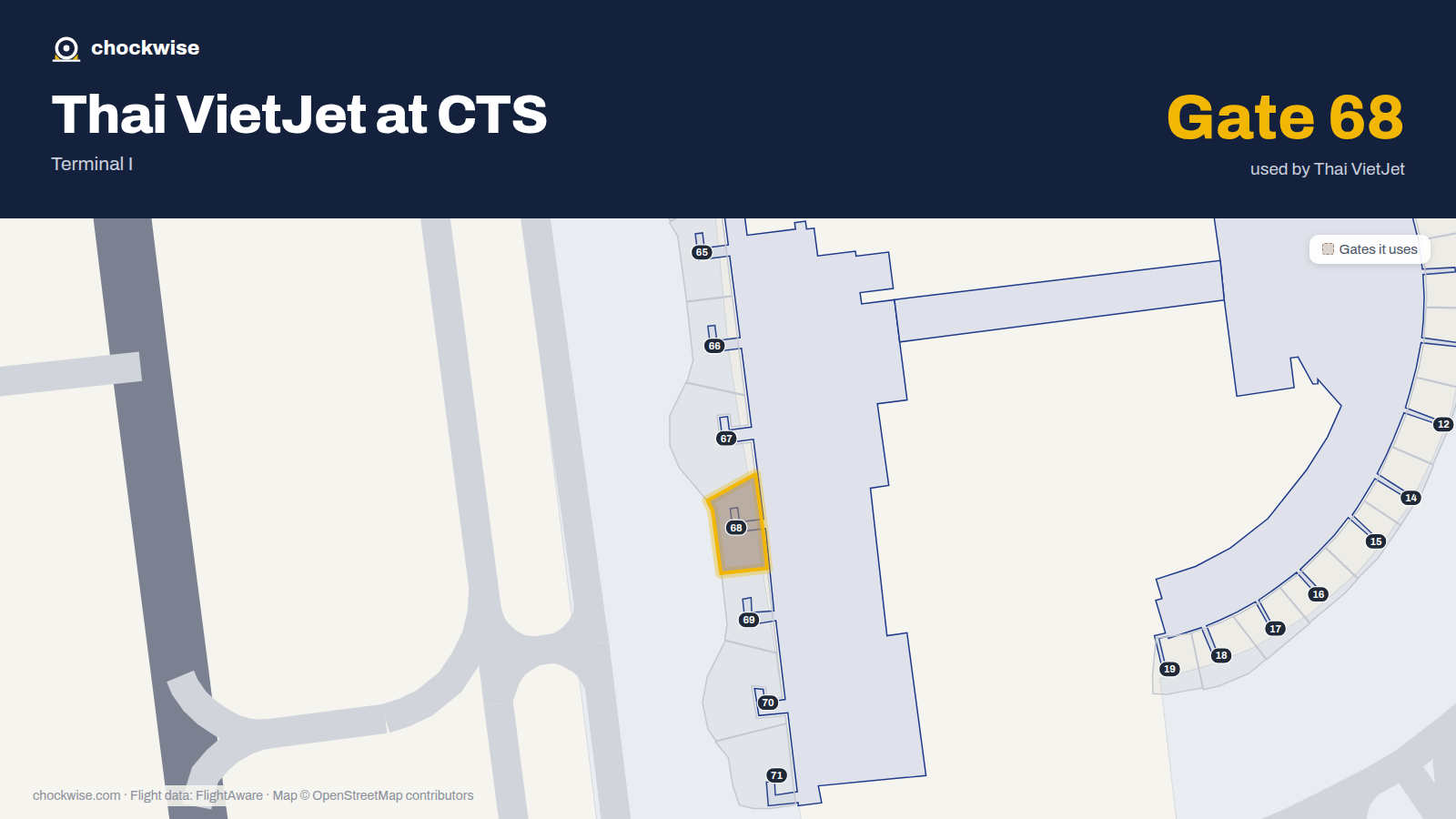 Map of CTS with the gates Thai VietJet Air uses highlighted: 68.