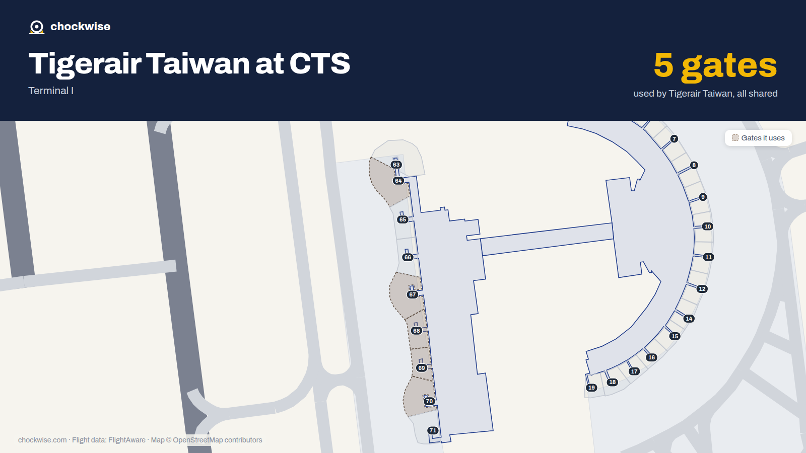 Map of CTS with the gates Tigerair Taiwan uses highlighted: 64, 67, 68, 69 and 70.