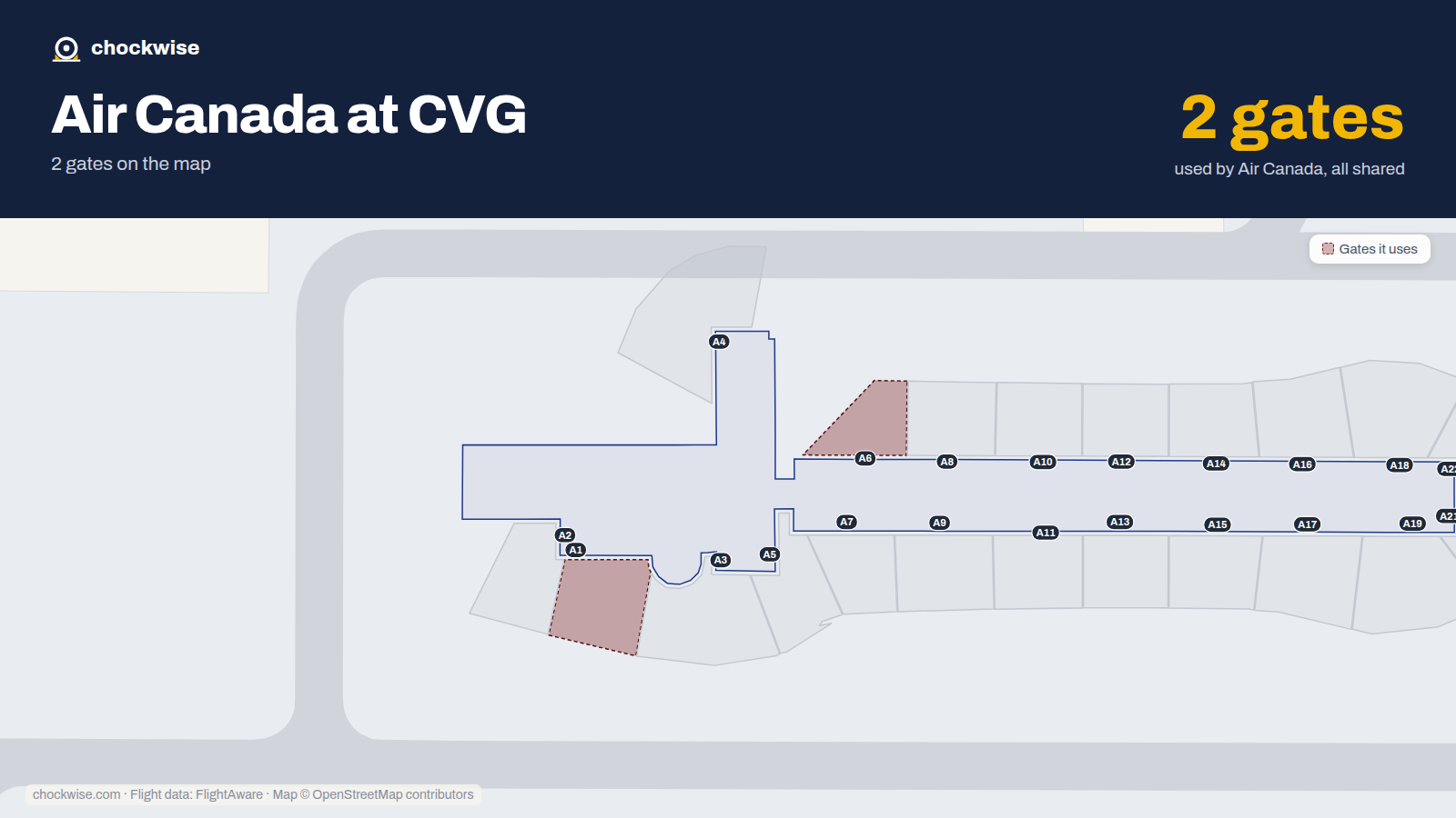 Map of CVG with the gates Air Canada uses highlighted: A1 and A6.