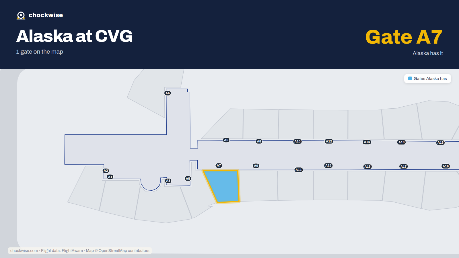 Map of CVG with the gates Alaska Airlines uses highlighted: A7.