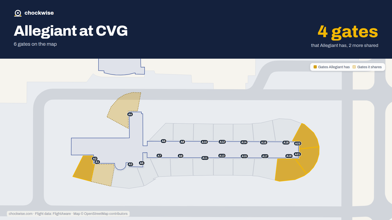Map of CVG with the gates Allegiant Air uses highlighted: A2, A19, A21 and A22.