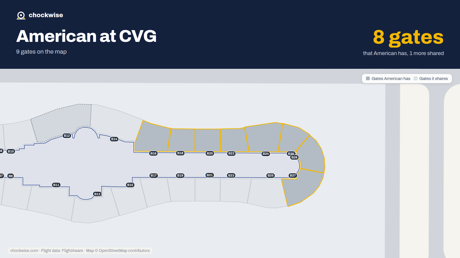 Map of CVG with the gates American Airlines uses highlighted: B16, B18, B20, B22, B24, B26, B27 and B28.