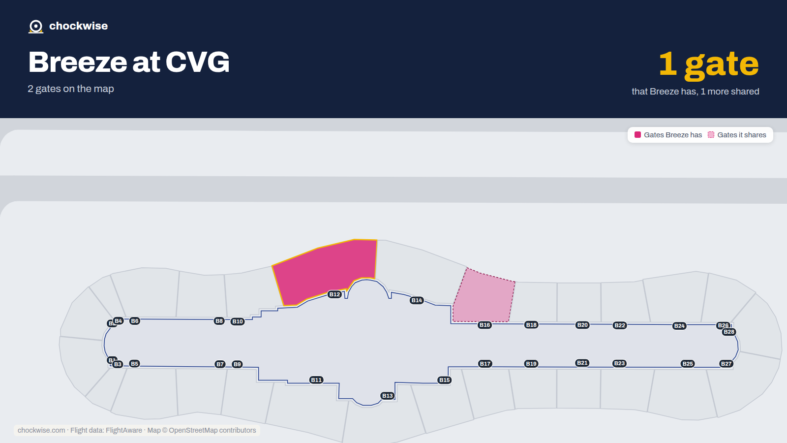 Map of CVG with the gates Breeze Airways uses highlighted: B12.