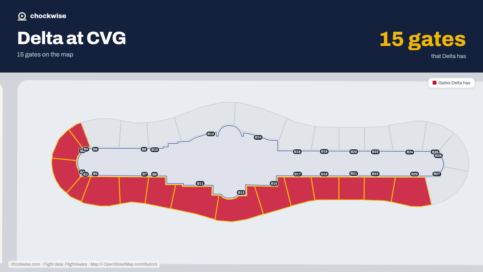 Map of CVG with the gates Delta Air Lines uses highlighted: B1, B2, B3, B4, B5, B7, B9, B11 and 7 more.