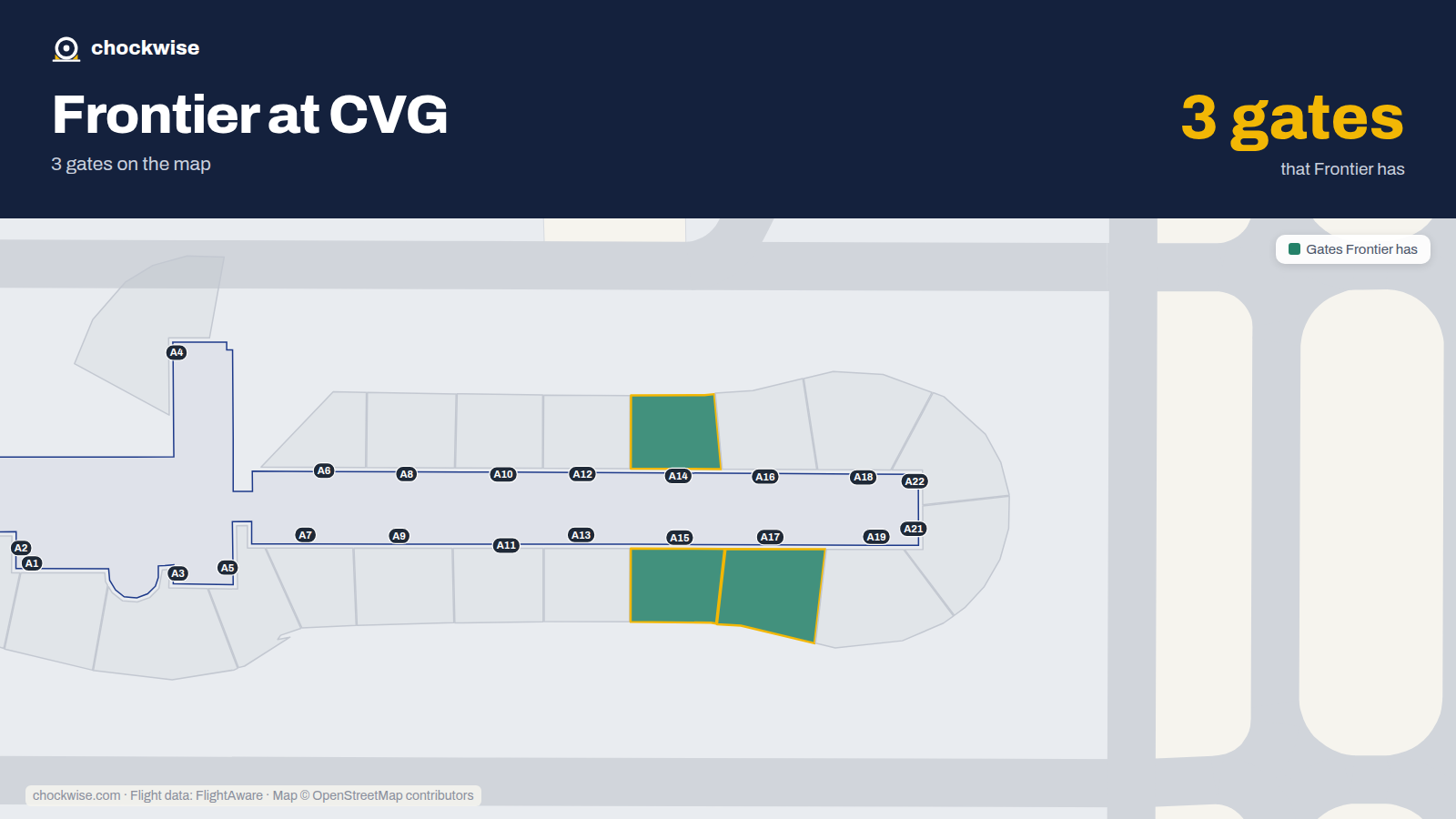 Map of CVG with the gates Frontier Airlines uses highlighted: A14, A15 and A17.