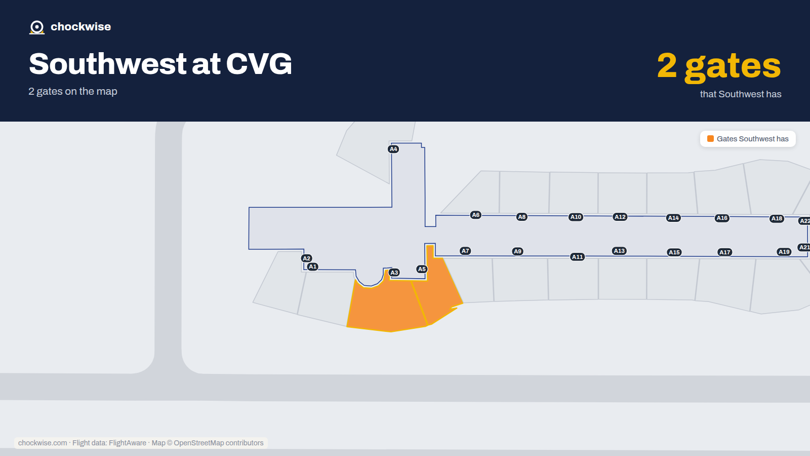 Map of CVG with the gates Southwest Airlines uses highlighted: A3 and A5.