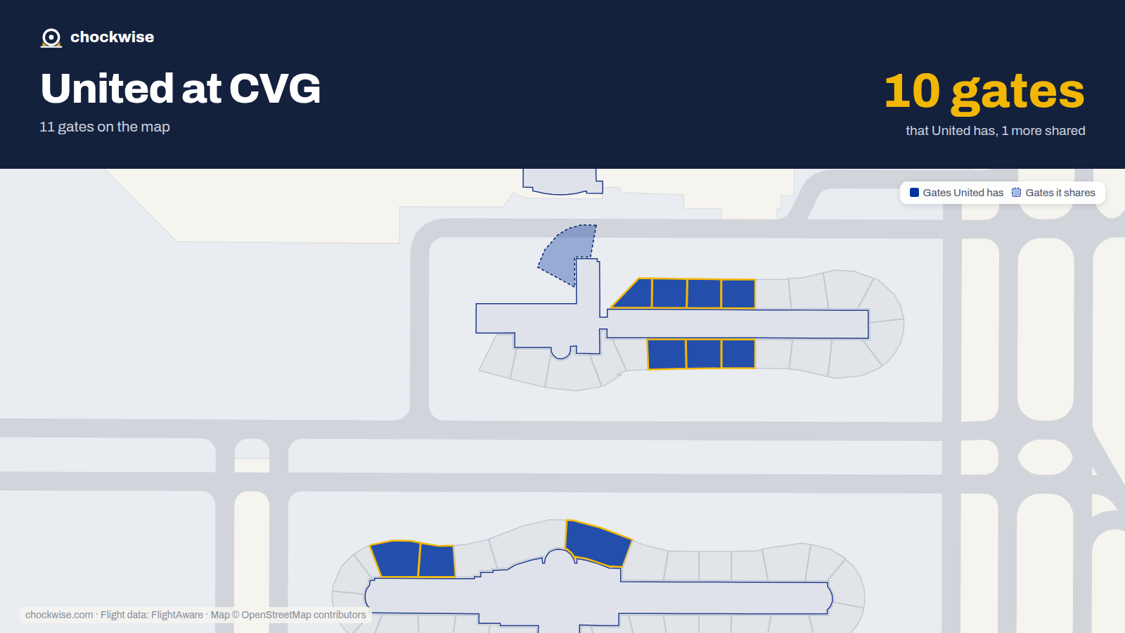 Map of CVG with the gates United Airlines uses highlighted: A6, B6, A8, B8, A9, A10, A11, A12 and 2 more.
