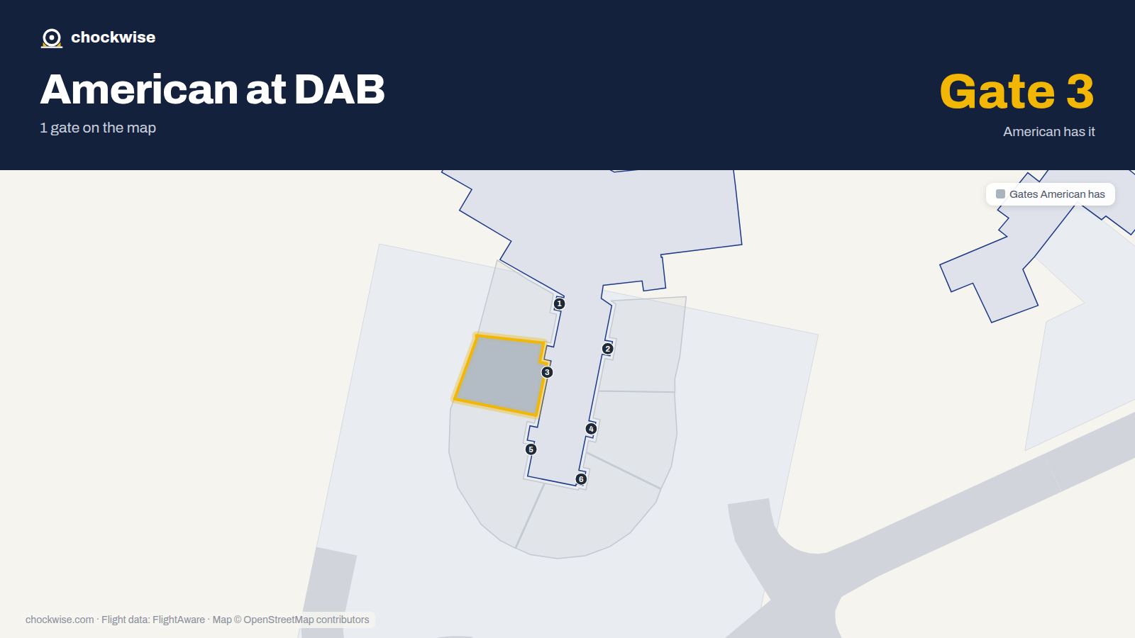 Map of DAB with the gates American Airlines uses highlighted: 3.
